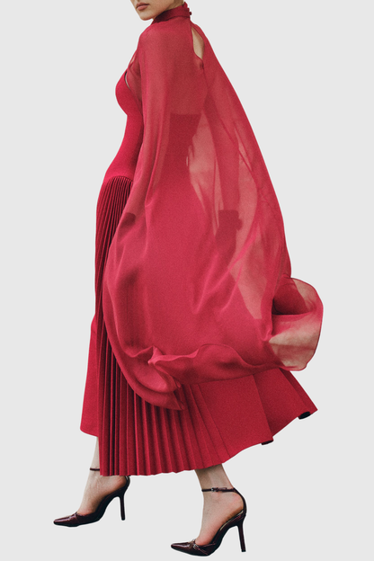 Hayas Mesh Shawl Pleated Maxi Dress