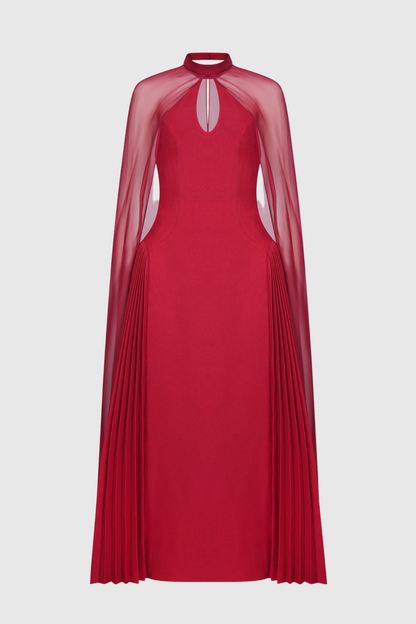 Hayas Mesh Shawl Pleated Maxi Dress
