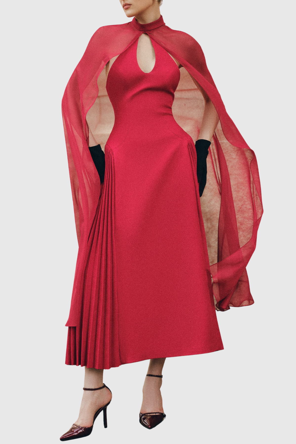 Hayas Mesh Shawl Pleated Maxi Dress