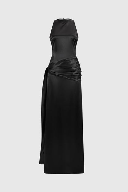 Hecate Sleeveless Satin Draped Maxi Dress - Black