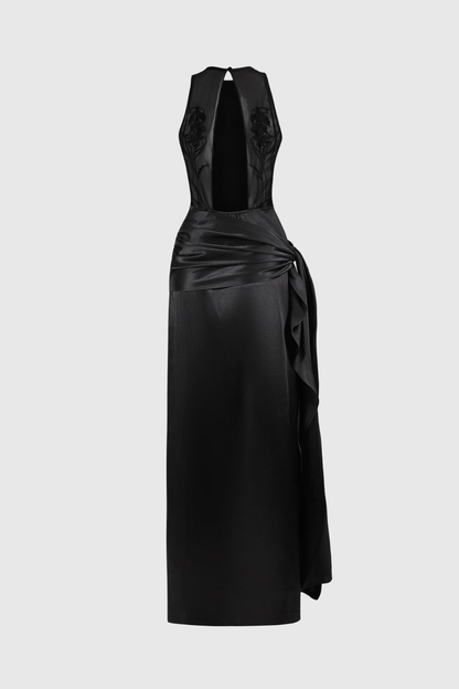 Hecate Sleeveless Satin Draped Maxi Dress - Black