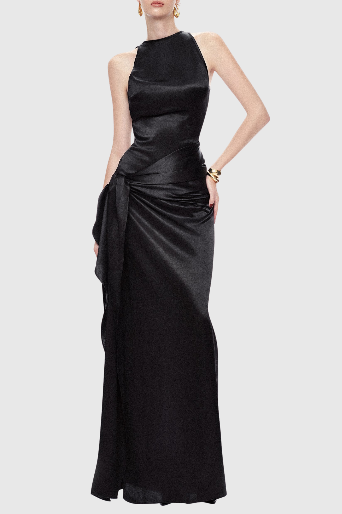 Hecate Sleeveless Satin Draped Maxi Dress - Black