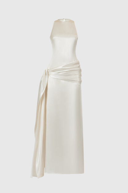 Hecate Sleeveless Satin Draped Maxi Dress - White