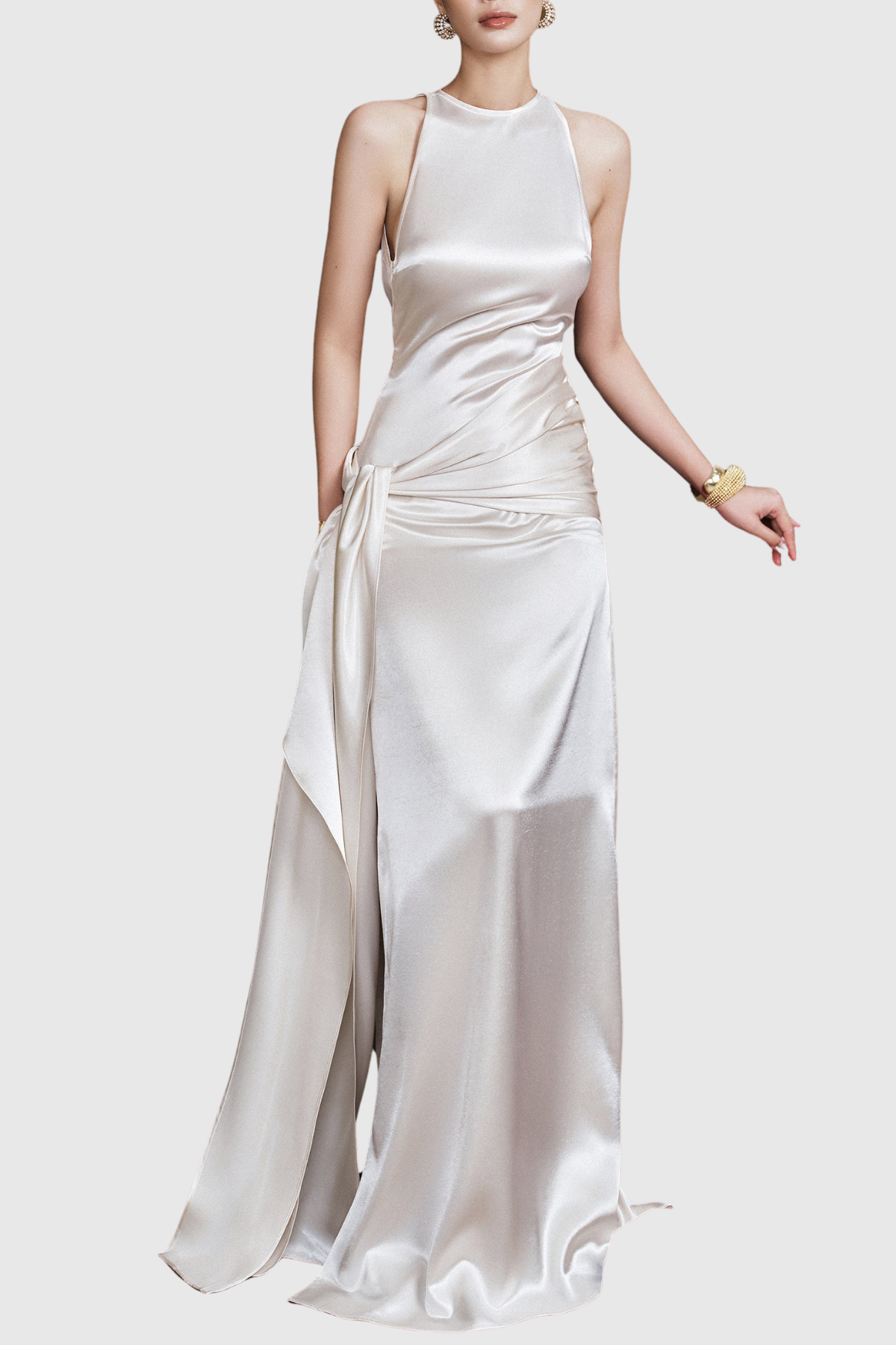 Hecate Sleeveless Satin Draped Maxi Dress - White
