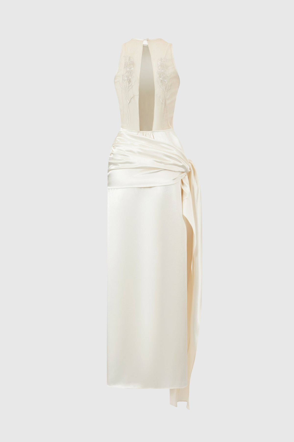 Hecate Sleeveless Satin Draped Maxi Dress - White