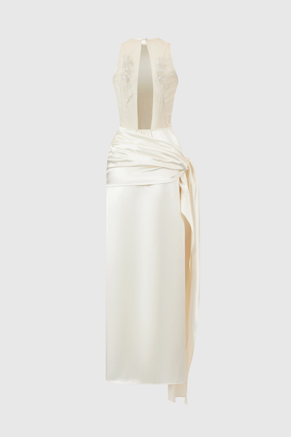 Hecate Sleeveless Satin Draped Maxi Dress - White