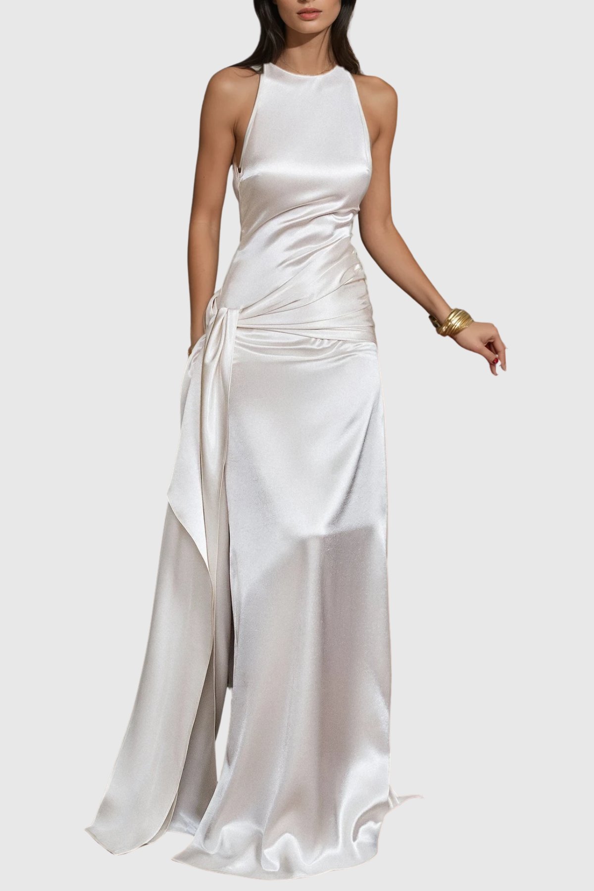 Hecate Sleeveless Satin Draped Maxi Dress - White