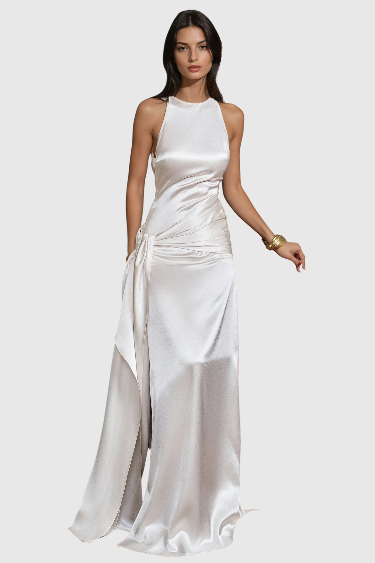 Hecate Sleeveless Satin Draped Maxi Dress - White