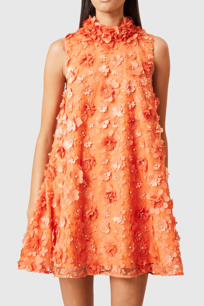Hendya Floral Appliqué Sleeveless Mini Dress - Orange