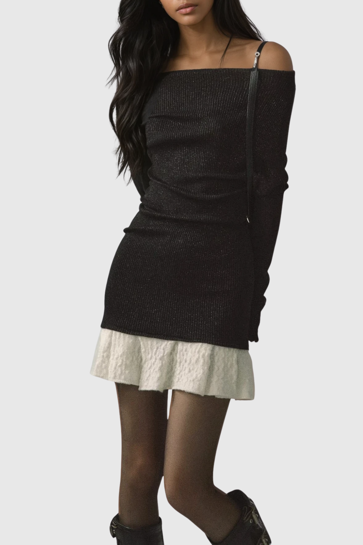 Henira Off Shoulder Knit Mini Dress - Black