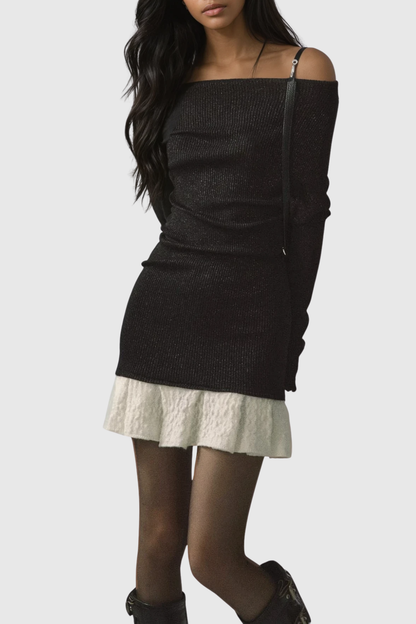 Henira Off Shoulder Knit Mini Dress - Black