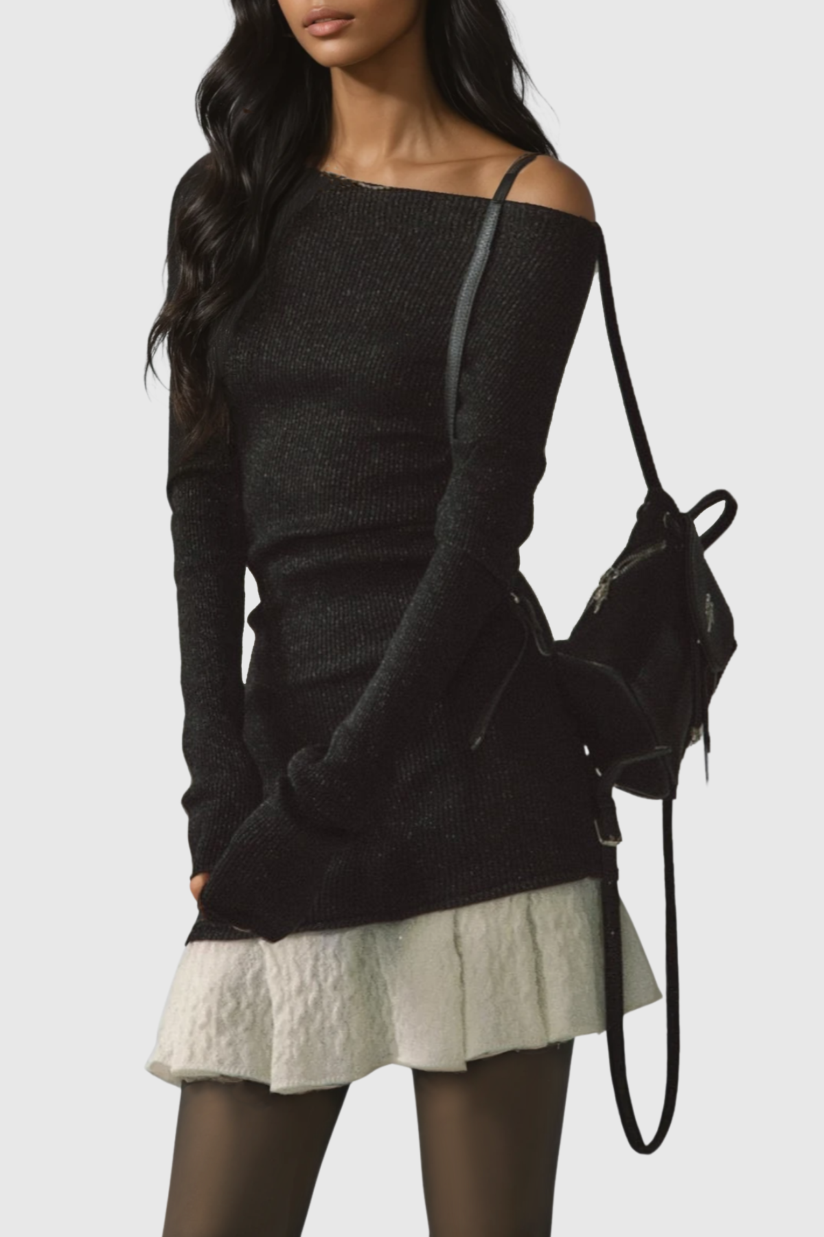 Henira Off Shoulder Knit Mini Dress - Black