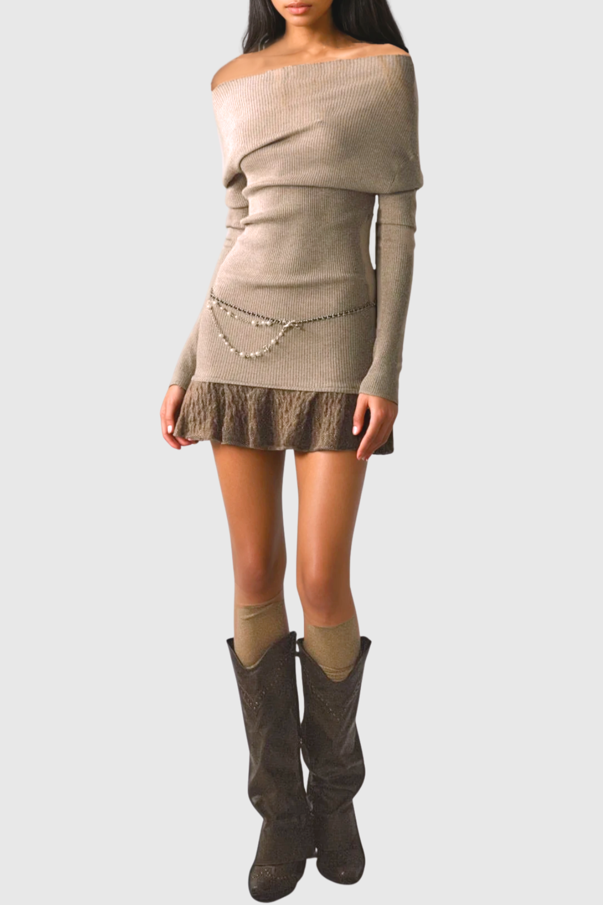 Henira Off Shoulder Knit Mini Dress - Khaki