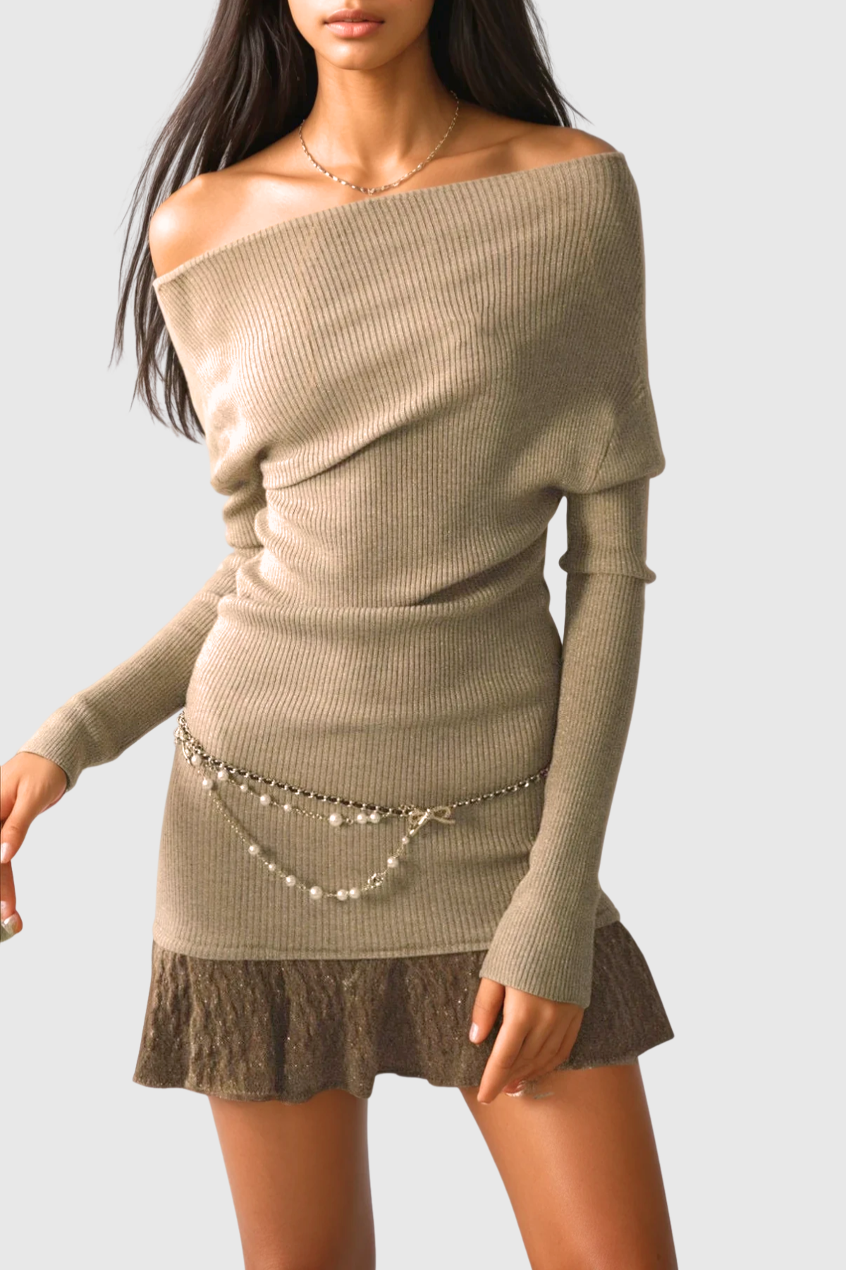 Henira Off Shoulder Knit Mini Dress - Khaki