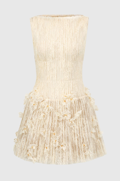 Hermra Lace Pleated Sleeveless Mini Dress - Beige