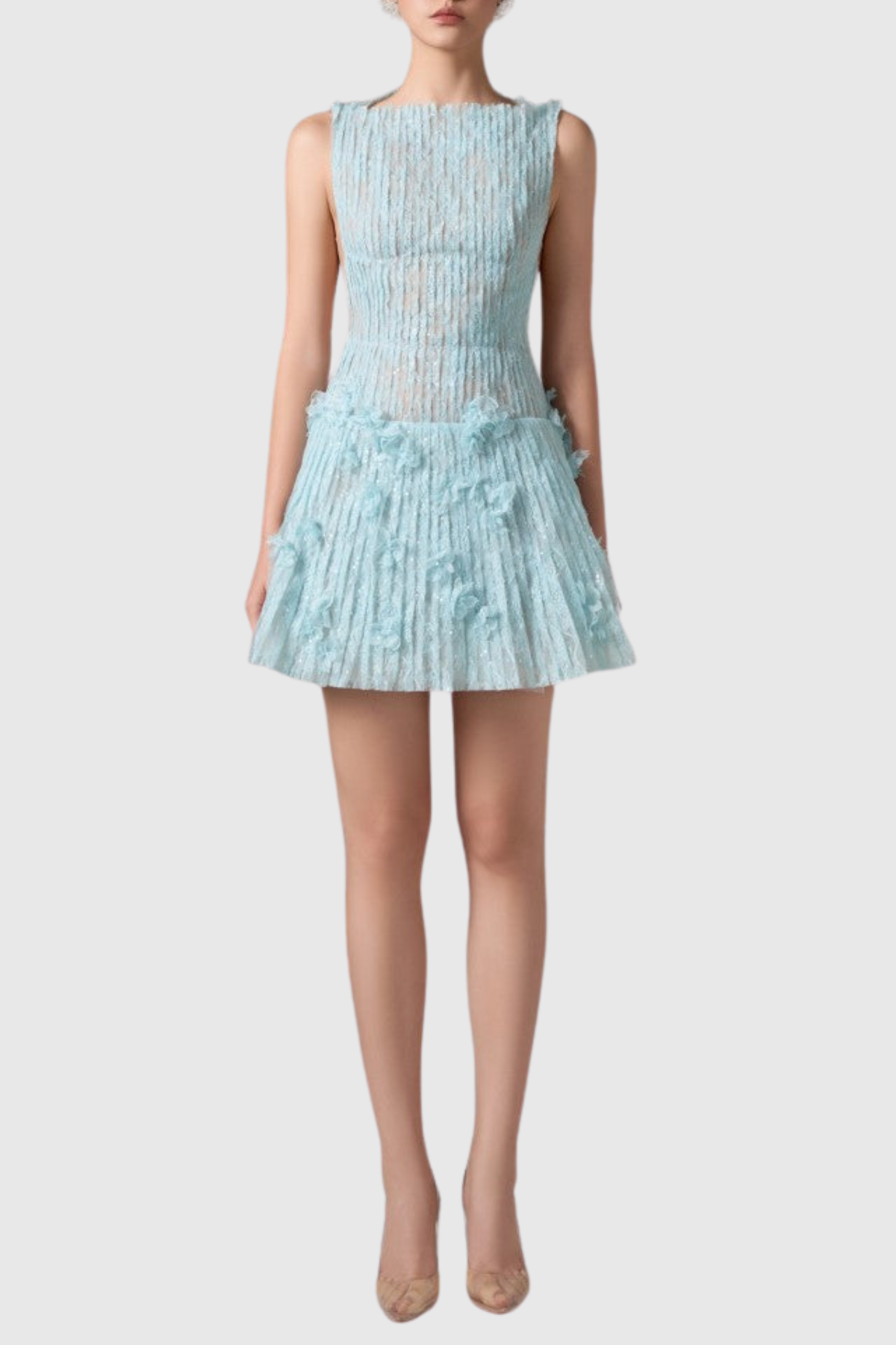 Hermra Lace Pleated Sleeveless Mini Dress - Blue