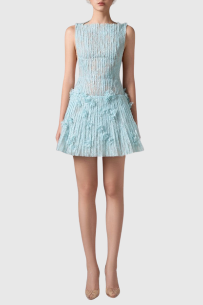 Hermra Lace Pleated Sleeveless Mini Dress - Blue