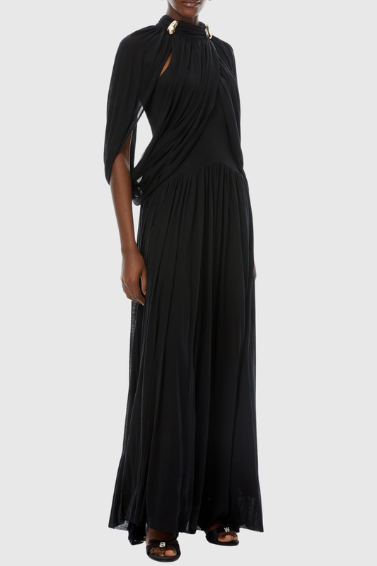 Hespia Ruched Cape Mesh Maxi Dress - Black