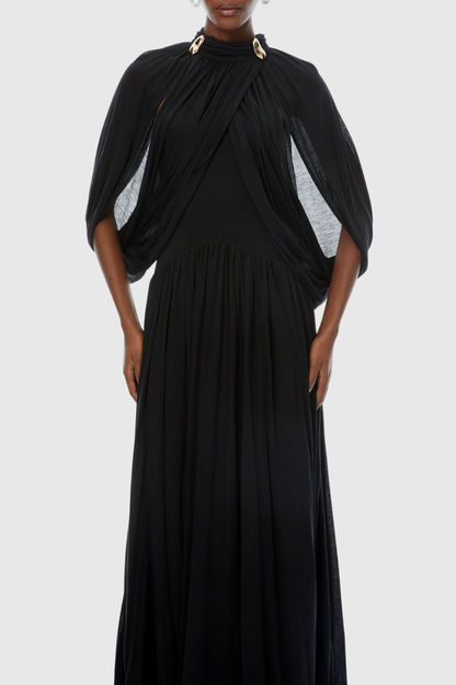 Hespia Ruched Cape Mesh Maxi Dress - Black