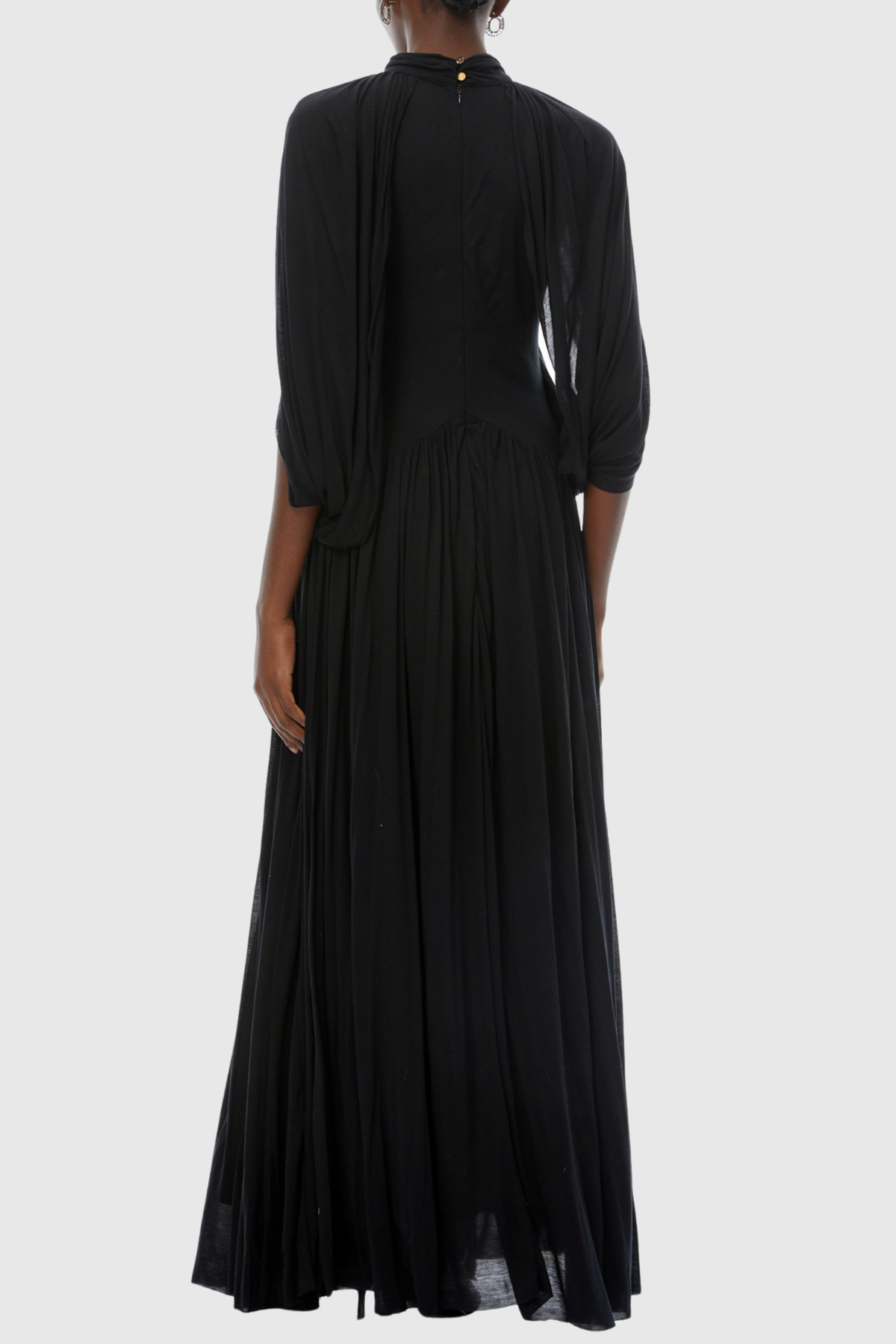 Hespia Ruched Cape Mesh Maxi Dress - Black