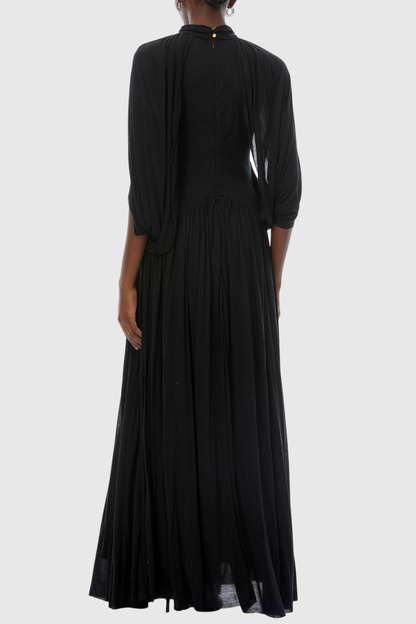 Hespia Ruched Cape Mesh Maxi Dress - Black