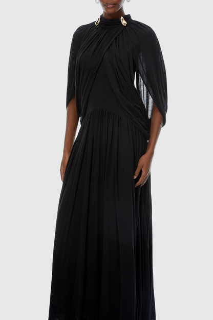 Hespia Ruched Cape Mesh Maxi Dress - Black