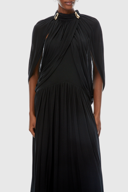 Hespia Ruched Cape Mesh Maxi Dress - Black