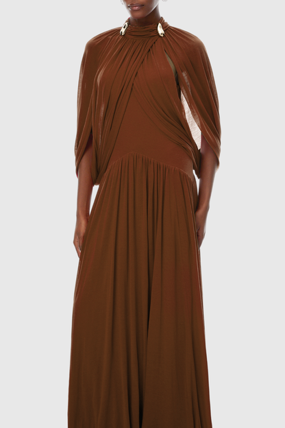 Hespia Ruched Cape Mesh Maxi Dress - Brown