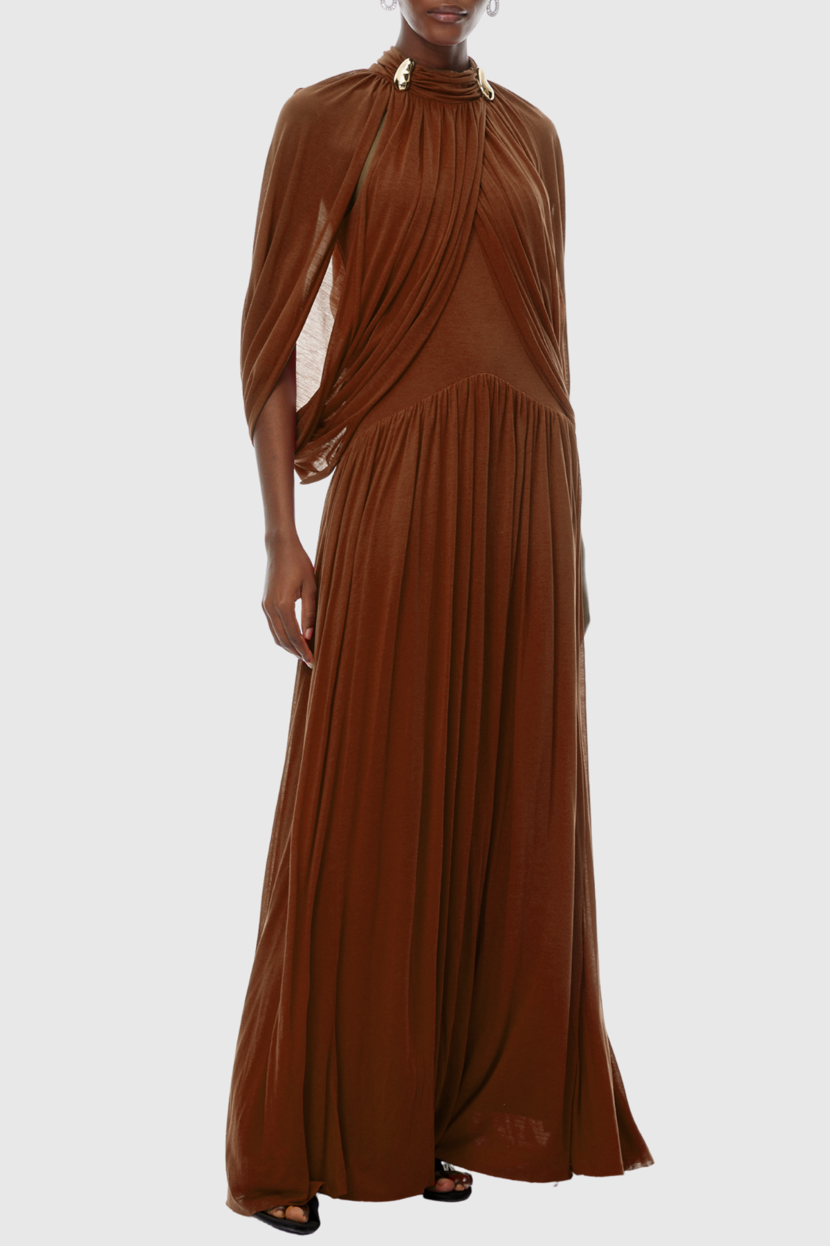 Hespia Ruched Cape Mesh Maxi Dress - Brown