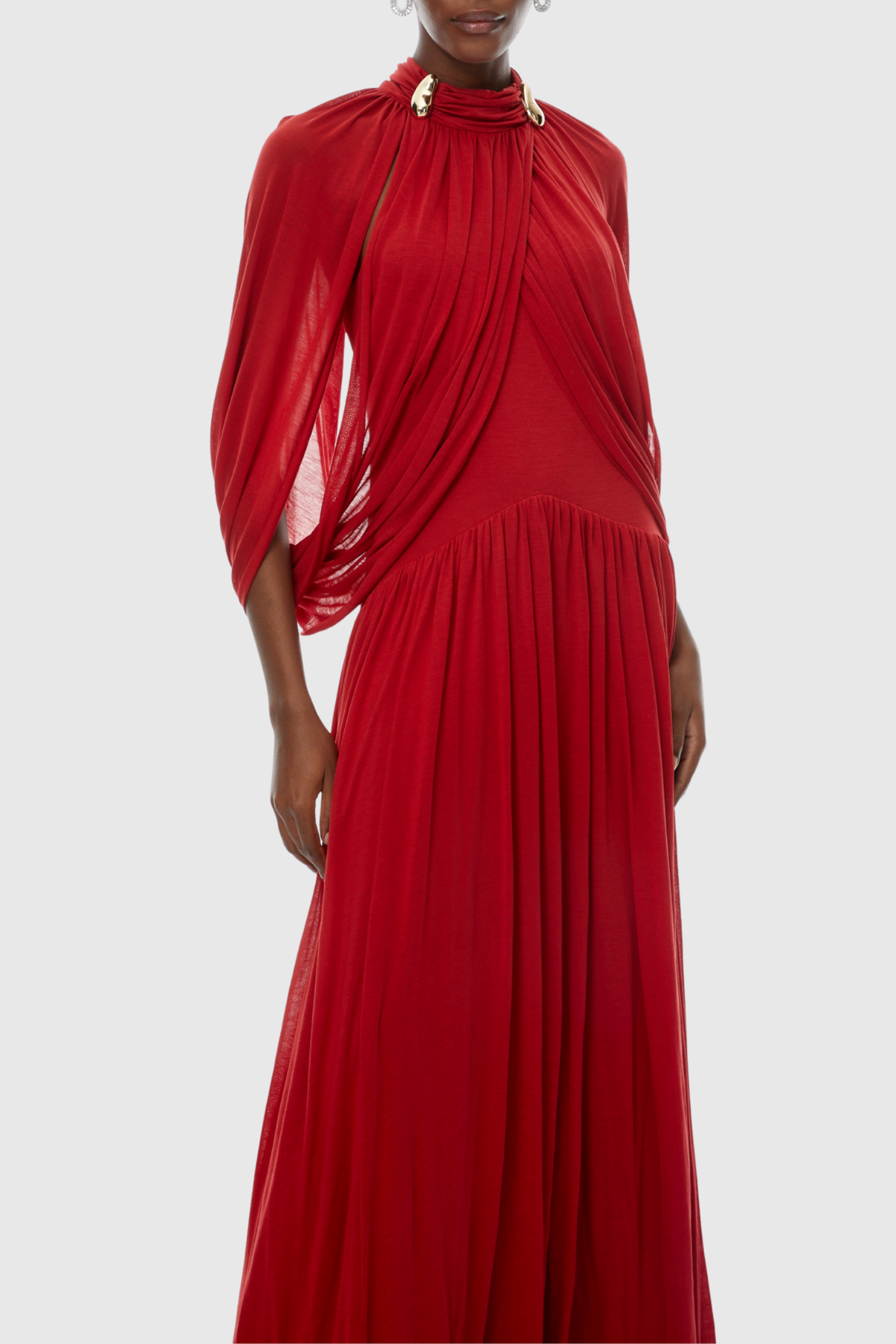 Hespia Ruched Cape Mesh Maxi Dress - Red