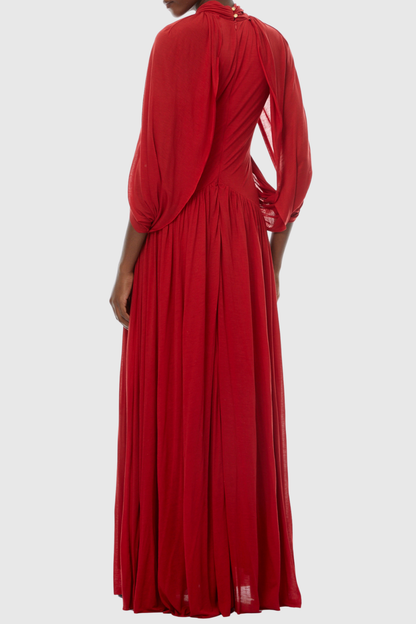 Hespia Ruched Cape Mesh Maxi Dress - Red