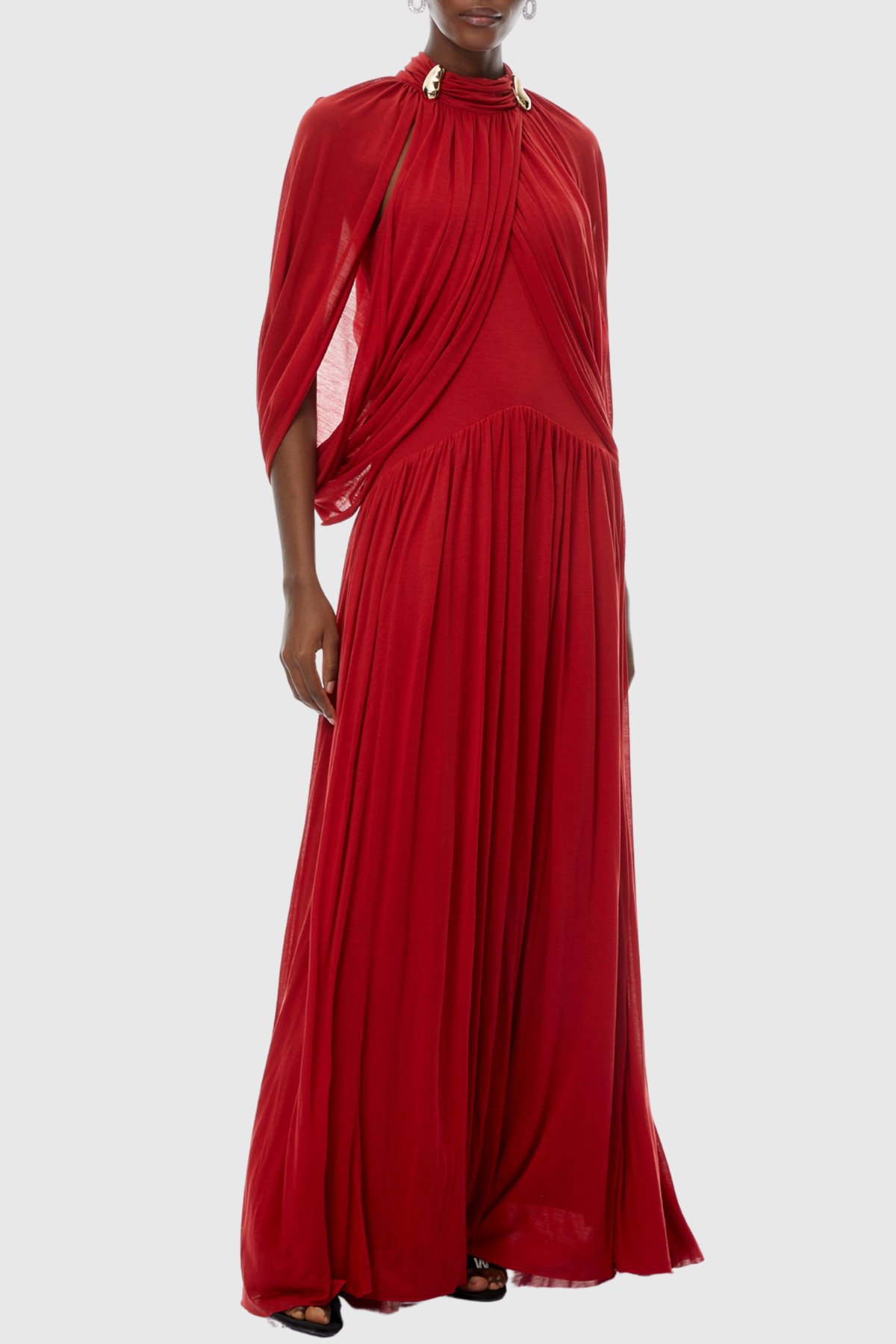 Hespia Ruched Cape Mesh Maxi Dress - Red