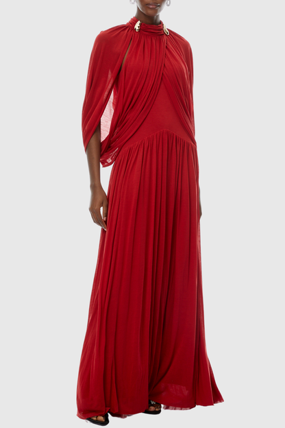 Hespia Ruched Cape Mesh Maxi Dress - Red
