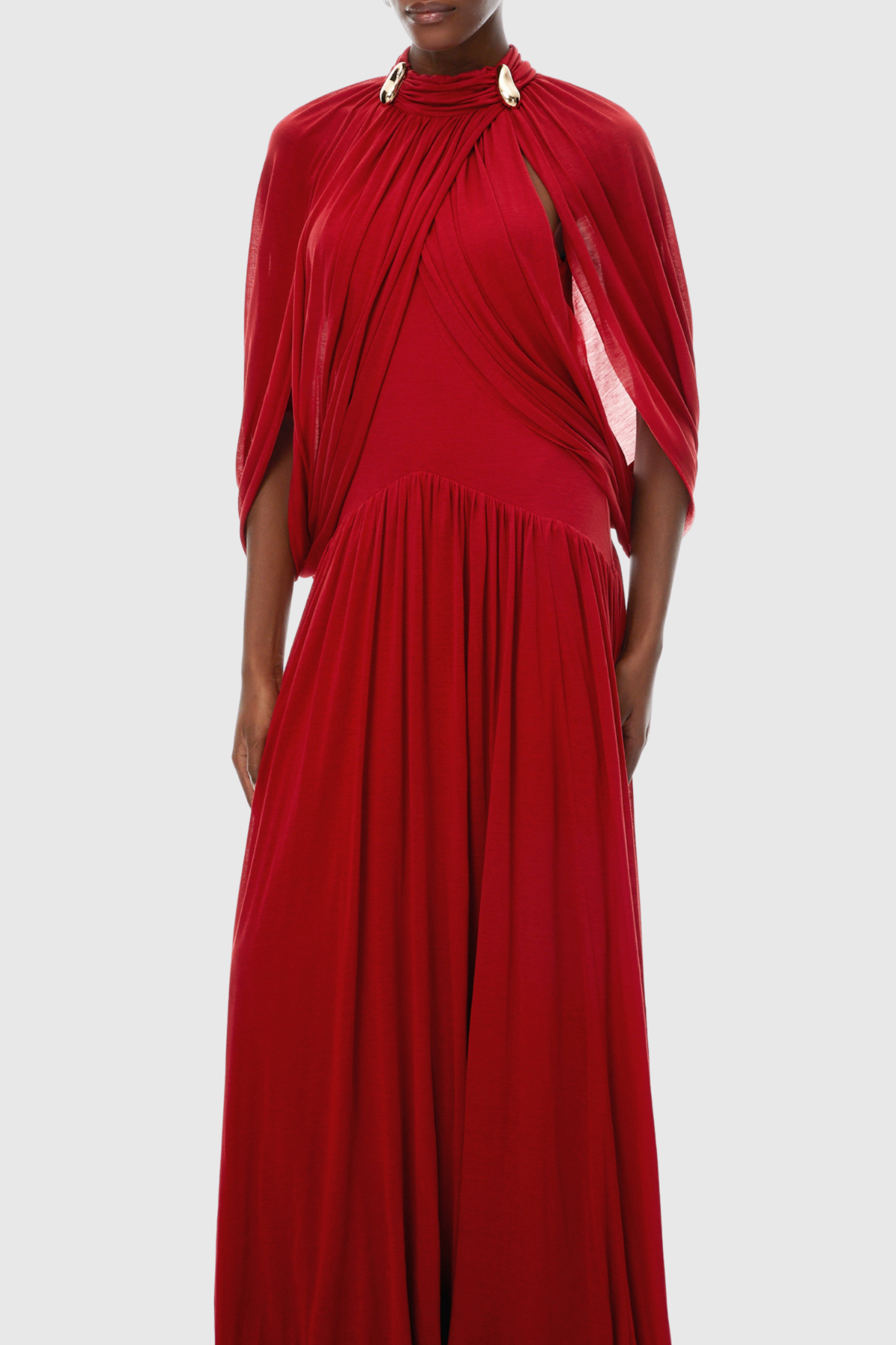 Hespia Ruched Cape Mesh Maxi Dress - Red