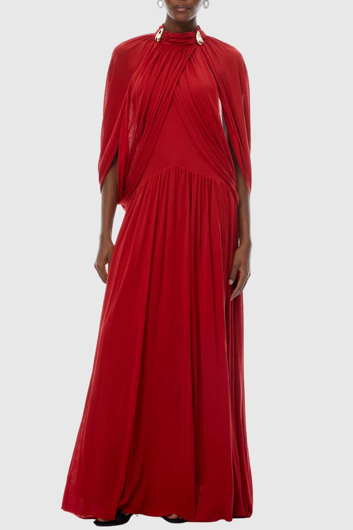Hespia Ruched Cape Mesh Maxi Dress - Red