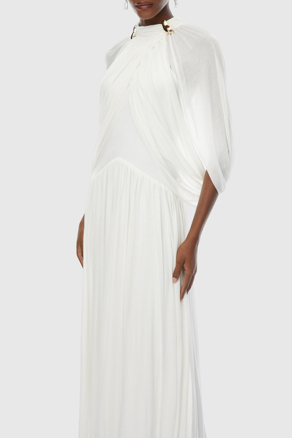 Hespia Ruched Cape Mesh Maxi Dress - White