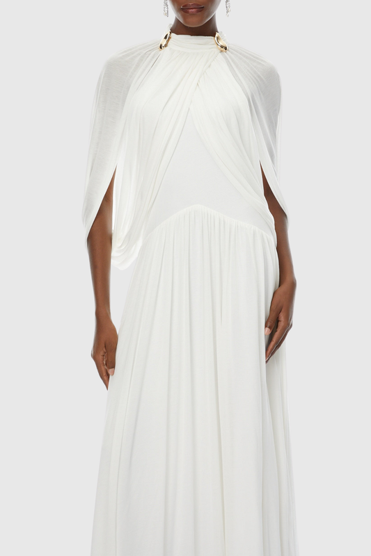 Hespia Ruched Cape Mesh Maxi Dress - White