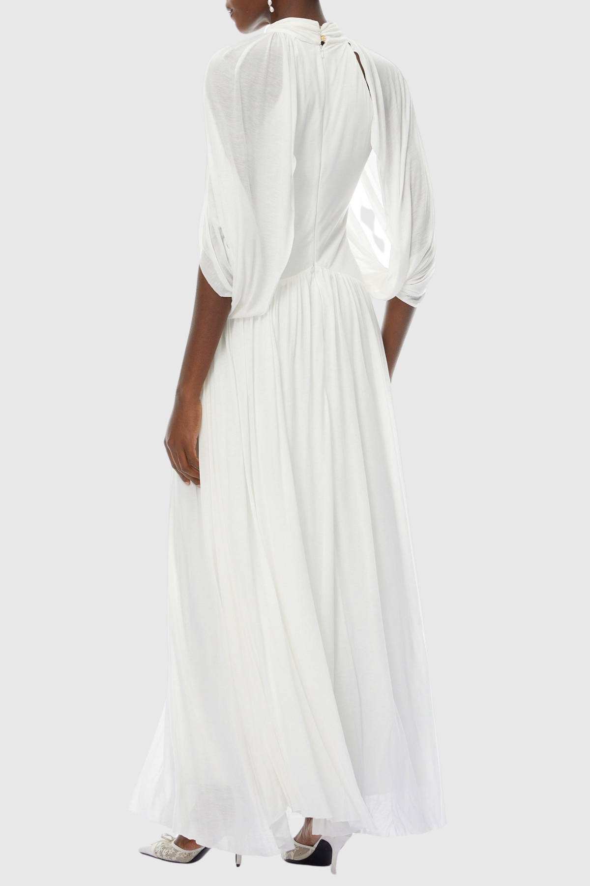 Hespia Ruched Cape Mesh Maxi Dress - White