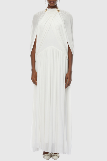 Hespia Ruched Cape Mesh Maxi Dress - White