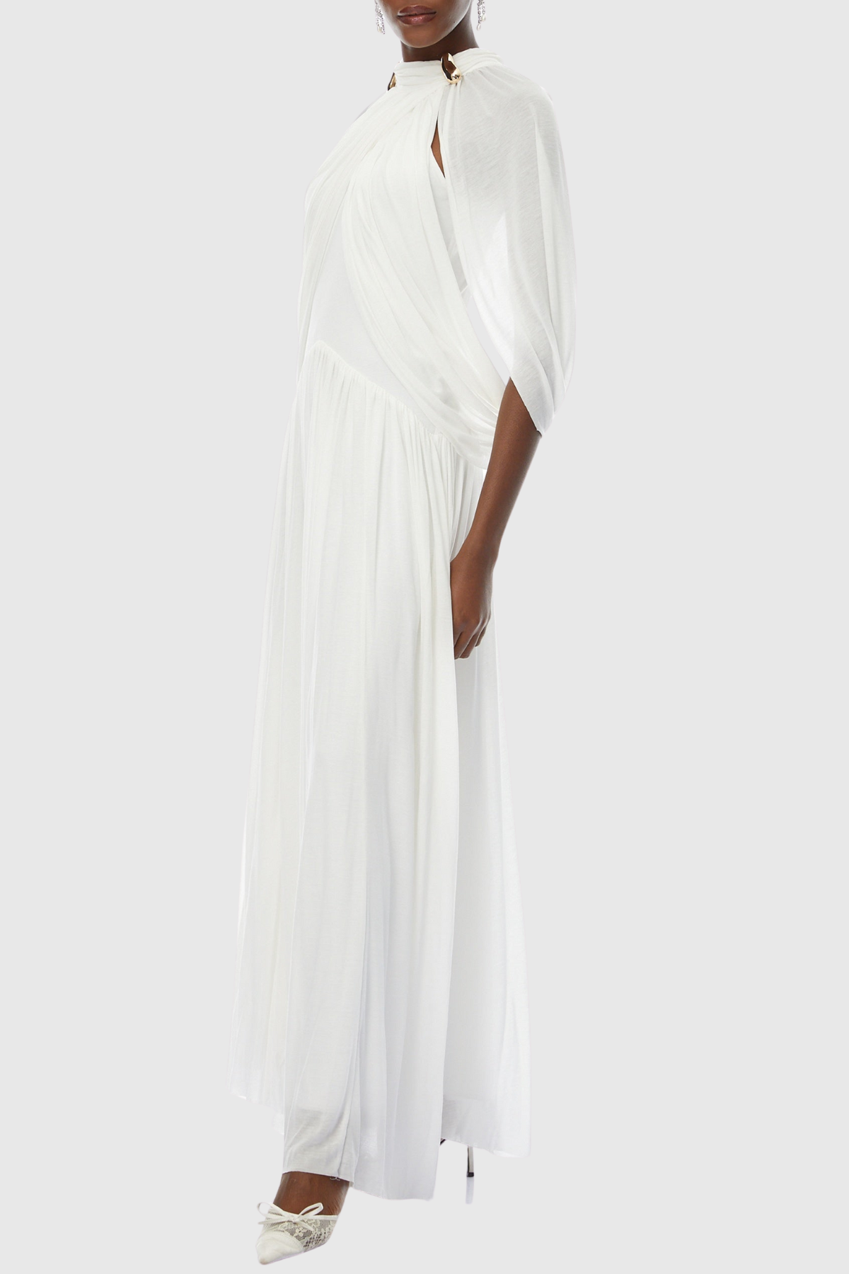 Hespia Ruched Cape Mesh Maxi Dress - White