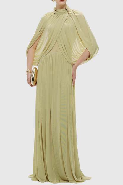 Hespia Ruched Cape Mesh Maxi Dress - Yellow