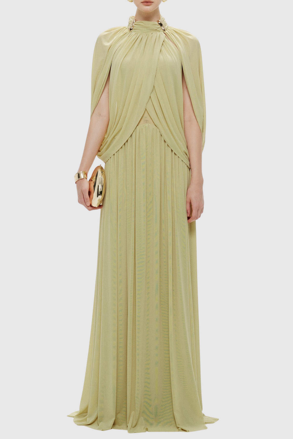 Hespia Ruched Cape Mesh Maxi Dress - Yellow