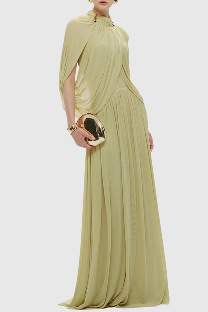 Hespia Ruched Cape Mesh Maxi Dress - Yellow