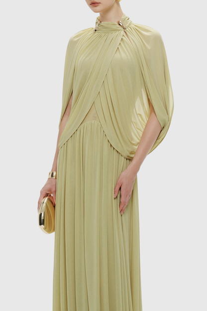 Hespia Ruched Cape Mesh Maxi Dress - Yellow