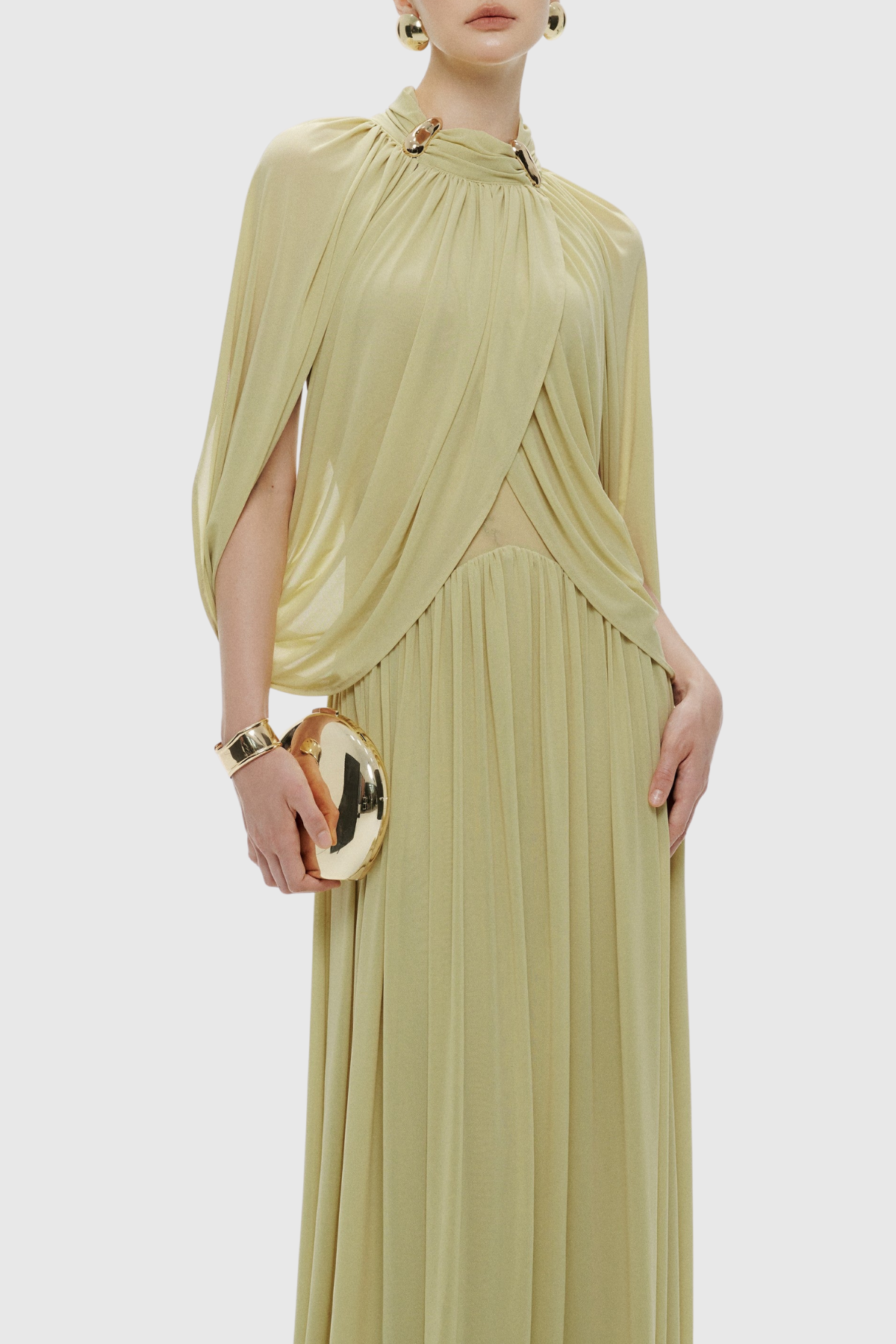 Hespia Ruched Cape Mesh Maxi Dress - Yellow