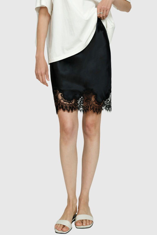 Hespra Lace Trim Satin Mini Skirt - Black