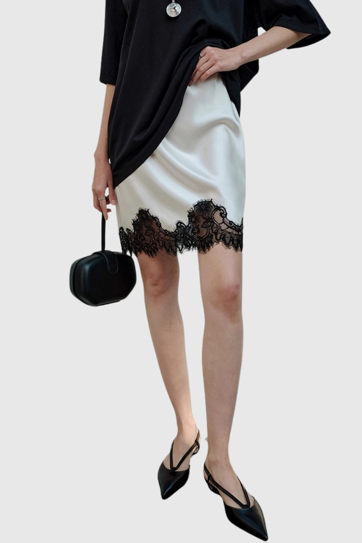Hespra Lace Trim Satin Mini Skirt - White