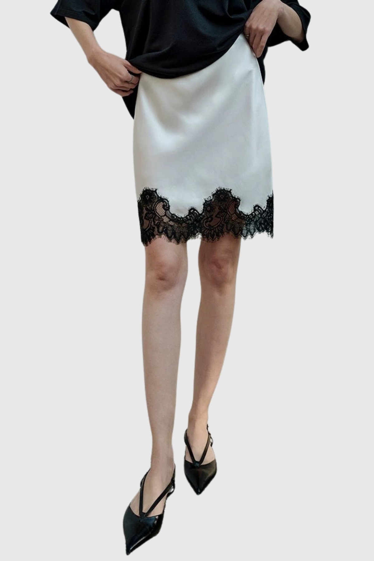 Hespra Lace Trim Satin Mini Skirt - White