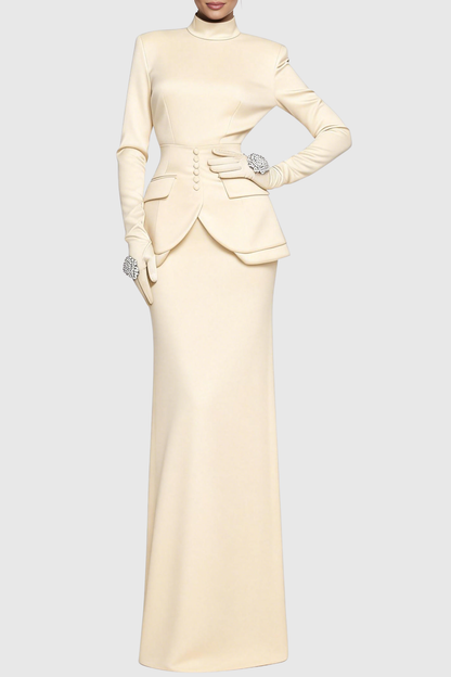Hezeka Cinched Satin Top & Maxi Skirt Set - Beige