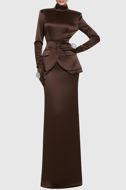 Hezeka Cinched Satin Top & Maxi Skirt Set - Brown
